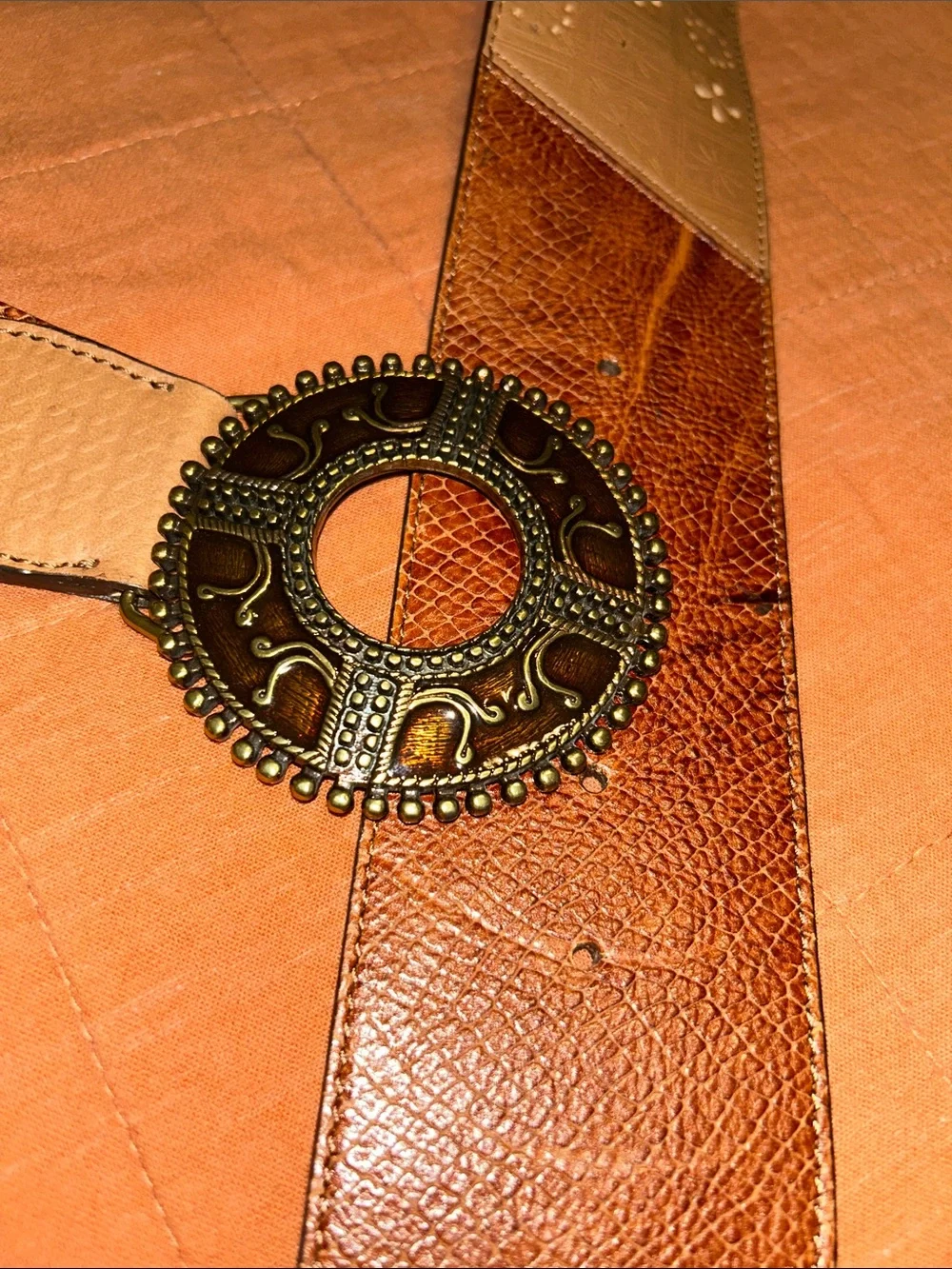 Chico's Wide Brown Leather Belt with Ornate Circular Buckle